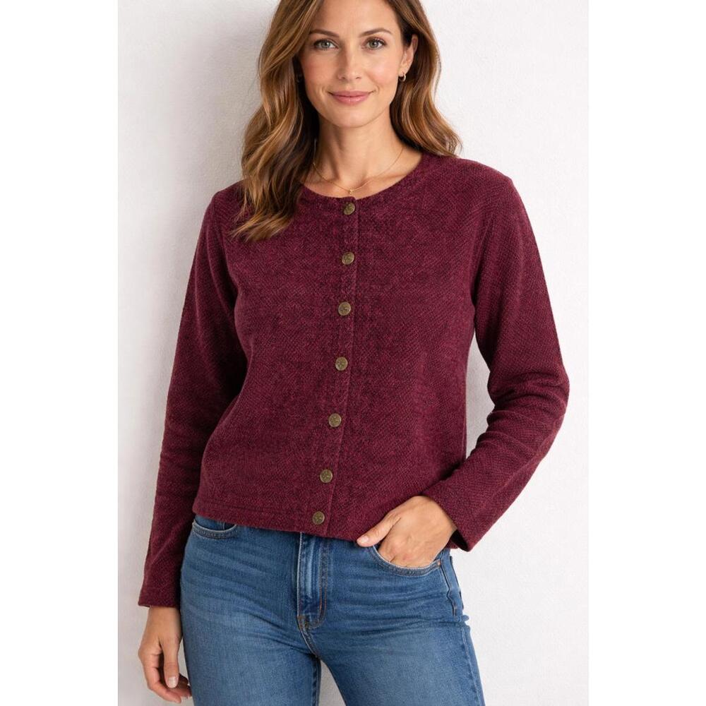 LL Bean Button Plush Cardigan Sweater Maroon Black Speckled Size Medium